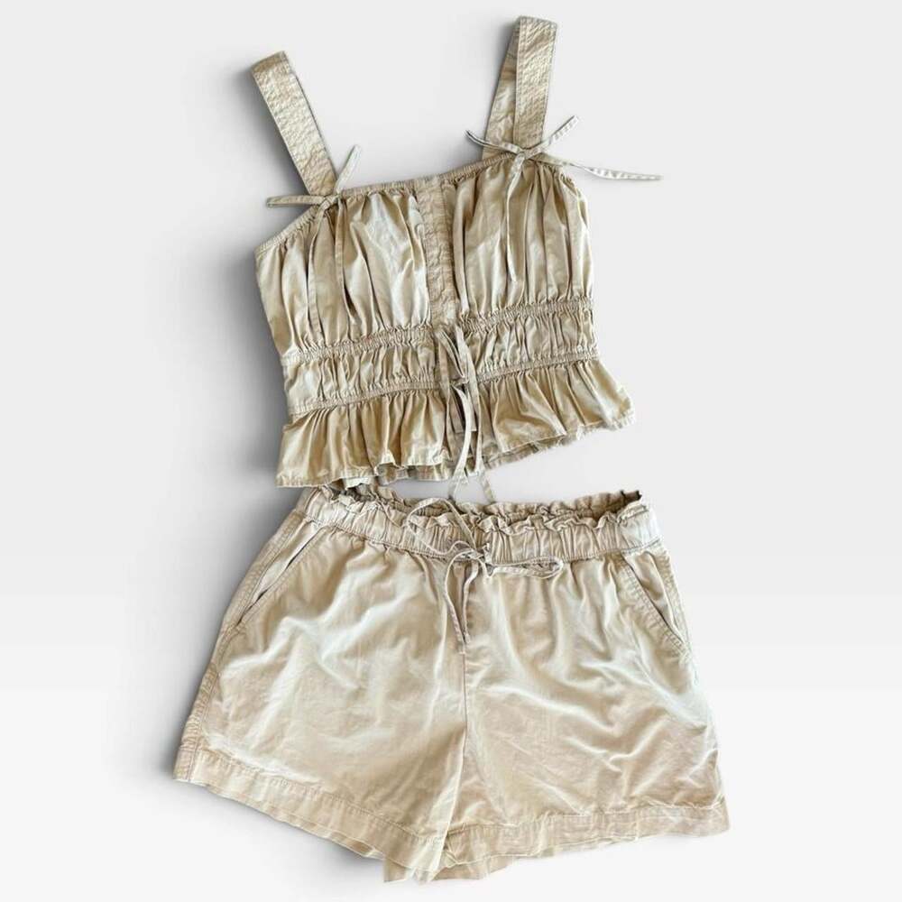 LOFT Poplin Ruched Tie Peplum Tank Top & Matching Shorts Set Soft Straw | Womens
